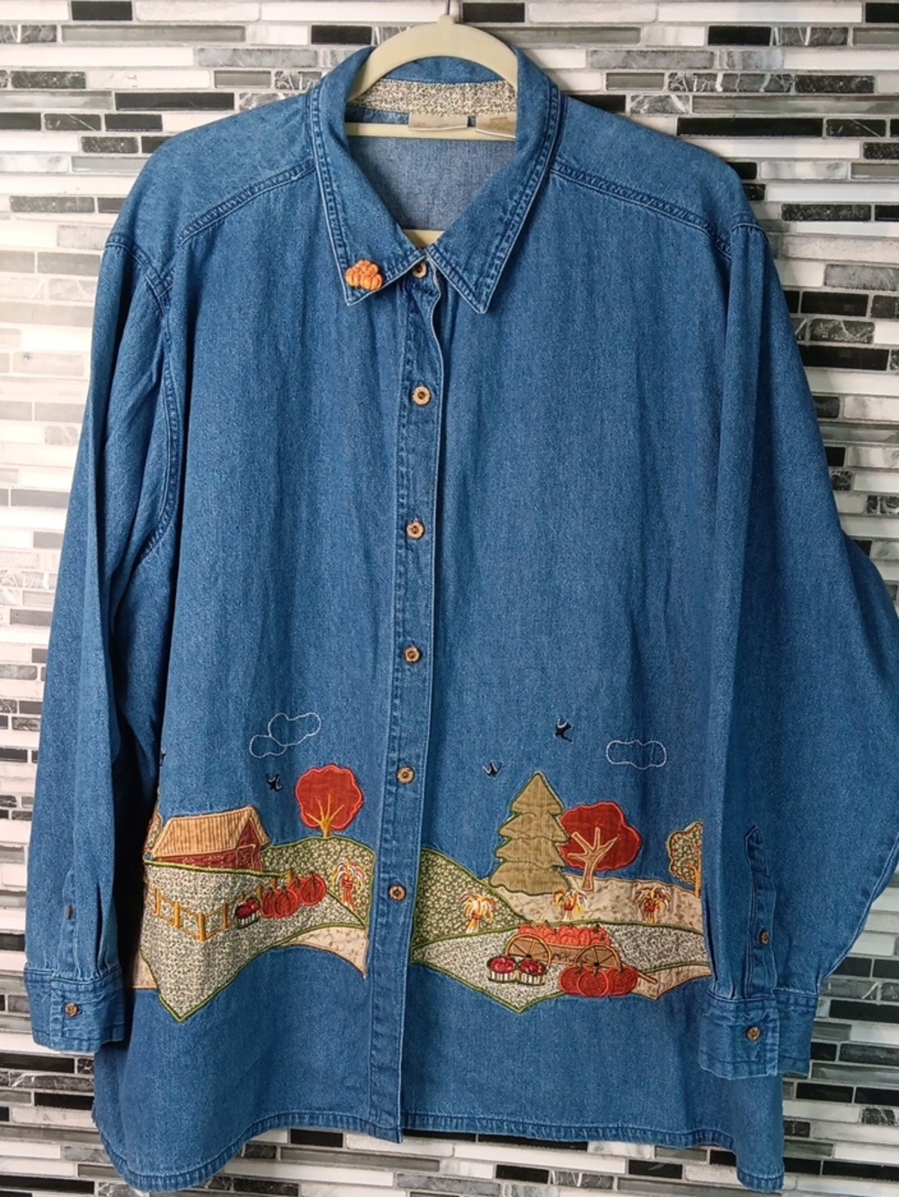Vintage Bobbie Brooks 26w/28w Plus Dize Denim Button Down Pumpkin Fall Festive